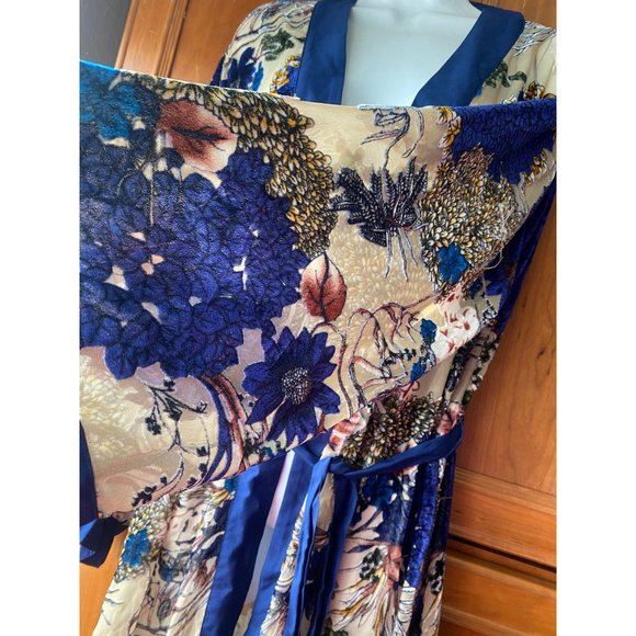WILLOW & CLAY Blue Floral Velvet Burnout Kimono Style Duster Jacket S/M - Picture 5 of 10